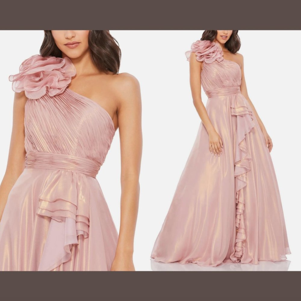 NEW $498 Mac‎ Duggal [ 4 ] Iridescent One Shoulder Rosette Gown Rose Gold #Q555